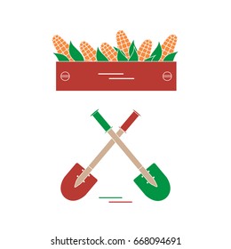 Cute vector illustration of harvest: two shovels and box of corn. Design for banner, poster or print.