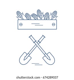 Cute vector illustration of harvest: two shovels and box of corn. Design for banner, poster or print.