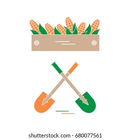 Cute vector illustration of harvest: two shovels and box of corn. Design for banner, poster or print.