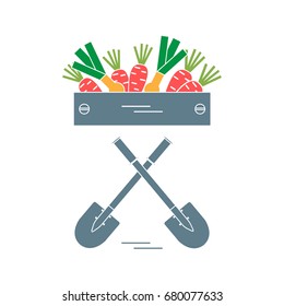 Cute vector illustration of harvest: two shovels, box of carrots and onion. Design for banner, poster or print.