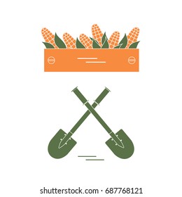 Cute vector illustration of harvest: two shovels and box of corn. Design for banner, poster or print.