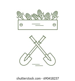 Cute vector illustration of harvest: two shovels and box of corn. Design for banner, poster or print.