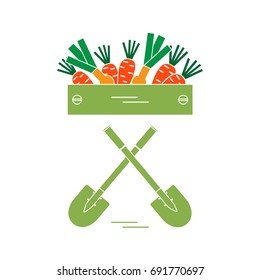 Cute vector illustration of harvest: two shovels, box of carrots and onion. Design for banner, poster or print.