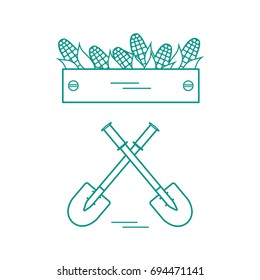 Cute vector illustration of harvest: two shovels and box of corn. Design for banner, poster or print.