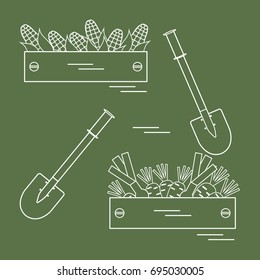 Cute vector illustration of harvest: two shovels, two boxes of corn, carrots, and onion. Design for banner, poster or print.