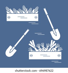 Cute vector illustration of harvest: two shovels, two boxes of corn, carrots, and onion. Design for banner, poster or print.
