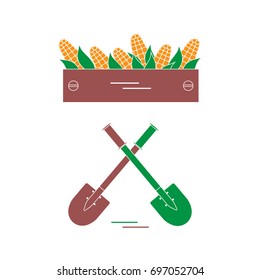 Cute vector illustration of harvest: two shovels and box of corn. Design for banner, poster or print.