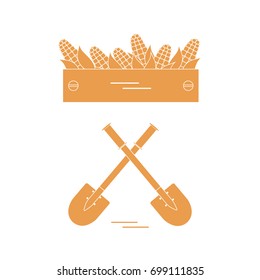 Cute vector illustration of harvest: two shovels and box of corn. Design for banner, poster or print.