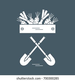 Cute vector illustration of harvest: two shovels, box of carrots and onion. Design for banner, poster or print.