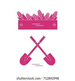 Cute vector illustration of harvest: two shovels and box of corn. Design for banner, poster or print.