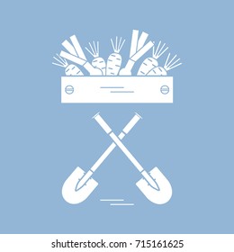 Cute vector illustration of harvest: two shovels, box of carrots and onion. Design for banner, poster or print.