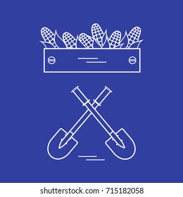 Cute vector illustration of harvest: two shovels and box of corn. Design for banner, poster or print.