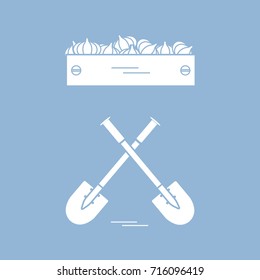 Cute vector illustration of harvest: two shovels and box of garlic. Design for banner, poster or print.