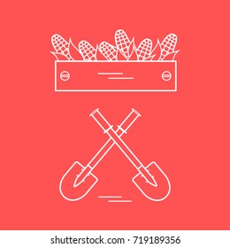 Cute vector illustration of harvest: two shovels and box of corn. Design for banner, poster or print.