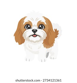 Ilustração vetorial bonita de um cão havanês em pé e voltado para a frente. O cão é ilustrado em um estilo de desenho animado amigável com pelagem longa fofa, grandes olhos redondos, orelhas flexíveis e uma doce expressão lúdica. Esta ilustração representa a raça Havanesa, pequenos cães de companhia, cães de brinquedo, animais domésticos e animais de estimação para a família. Isolado em um fundo branco, adequado para guias de raça canina, conteúdo de cuidados com animais de estimação, materiais educacionais, ilustrações para crianças, adesivos, marcas e desenhos temáticos de animais.