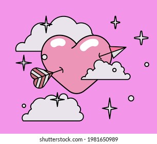 Cute vector illustration with a heart in the cloudy sky.
