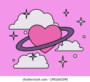 Cute vector illustration with a heart in the cloudy sky.