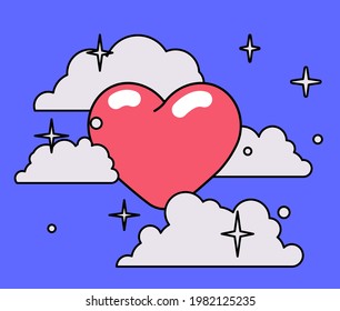 Cute vector illustration with a heart in the cloudy sky.