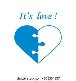 Cute vector illustration with heart in the form of a puzzle and inscription. Design for banner, flyer, poster or print. Greeting card Valentine's Day.