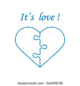 Cute vector illustration with heart in the form of a puzzle and inscription. Design for banner, flyer, poster or print. Greeting card Valentine's Day.