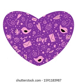 Cute vector illustration in a heart shape. Violet heart with birds, love letters, presents, gifts, branches, leaves, sun and flowers. Design for engagement, marriage, Valentine day. Doodle love card.