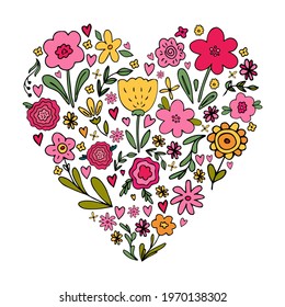 Cute vector illustration with heart shape bouqet with various floral flower doodles in simple hand drawn childish style. Bright romantic design template for greeting card, invitation, Mothers day