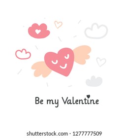 Cute vector illustration with heart and wings in the sky. Valentines day simple minimalistic postcard on white background. Perfect for tshirts, posters, cards, postcards, stationery