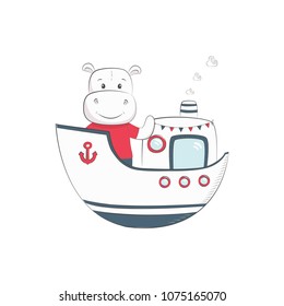 Cute vector illustration with hippo baby for baby wear and invitation card.