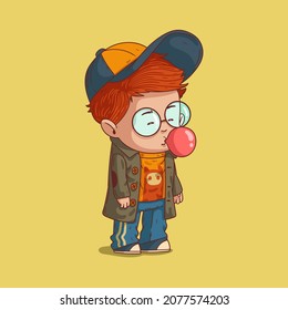 Cute vector illustration of a hipster kid blowing bubble gum. Cheerful cool boy in spectacles wearing a t-shirt, a coat, sports trousers, sneakers and a cap blowing bubble gum. Child character