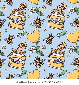 cute vector illustration of honey with bees. colorful hand drawn background