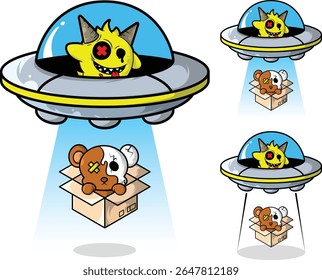 Cute vector illustration of a horned alien in a UFO abducting a cardboard teddy. Cartoon style suitable for stickers, t-shirts, or creative projects for kids and adults.