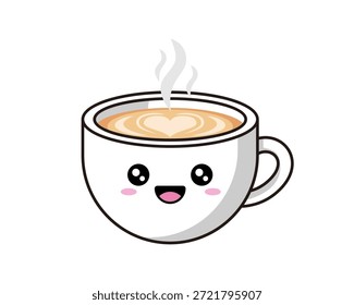 Una linda Ilustración vectorial de una taza de café con leche caliente con una cara adorable y granos de café humeantes, creando un ambiente cálido y acogedor. Utiliza una paleta de colores suaves con un estilo moderno y kawaii. Adecuado para los amantes del café, pegatinas, planificadores, Mercancía o ropa de los niños.