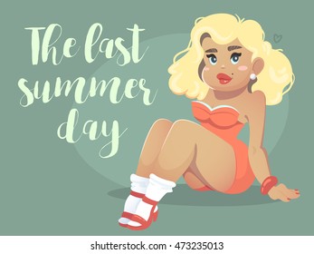 Cute vector illustration with hot pin-up woman. Woman simple cartoon character.