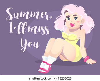 Cute vector illustration with hot pin-up woman. Woman simple cartoon character.