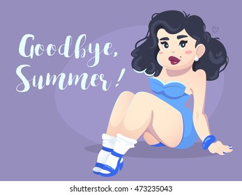 Cute vector illustration with hot pin-up woman. Woman simple cartoon character.