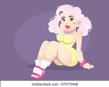 Cute vector illustration with hot pin-up woman. Female simple cartoon character.
