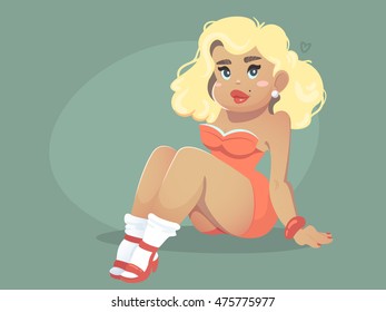 Cute vector illustration with hot pin-up woman. Female simple cartoon character.