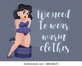 Cute vector illustration with hot pin-up woman. Female simple cartoon character.