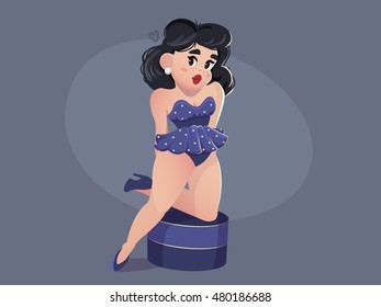 Cute vector illustration with hot pin-up woman. Female simple cartoon character.