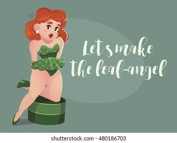 Cute vector illustration with hot pin-up woman. Female simple cartoon character.