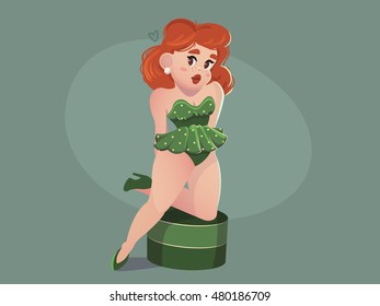 Cute vector illustration with hot pin-up woman. Female simple cartoon character.