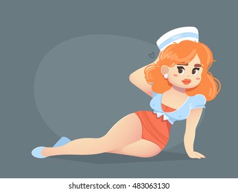 Cute vector illustration with hot pin-up woman. Female simple cartoon character.