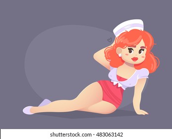 Cute vector illustration with hot pin-up woman. Female simple cartoon character.
