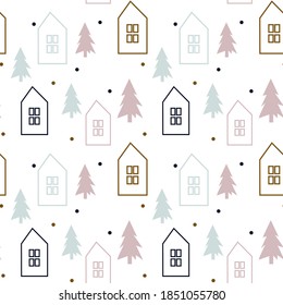 
Cute vector illustration, houses, Christmas trees, snowflakes. Fantasy seamless pattern for fabrics, packaging, wallpapers, backgrounds, covers