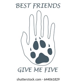 Cute vector illustration of human hand silhouette holding paw of dog. Friends forever. Give me five. Design for banner, poster or print.