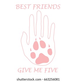 Cute vector illustration of human hand silhouette holding paw of dog. Friends forever. Give me five. Design for banner, poster or print.