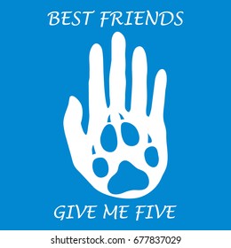 Cute vector illustration of human hand silhouette holding paw of dog. Friends forever. Give me five. Design for banner, poster or print.