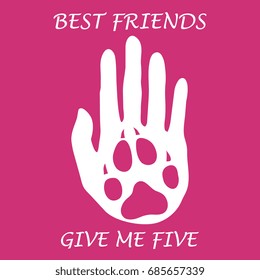 Cute vector illustration of human hand silhouette holding paw of dog. Friends forever. Give me five. Design for banner, poster or print.