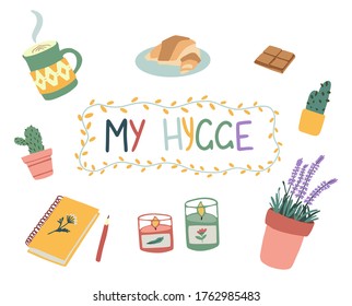 Cute vector illustration of hygge elements: lavender, notebook, candle, coffee, cactus, chocolate, cup, croissant, lights frame. My hygge lettering. Scandinavian style. Perfect for card, poster, stick