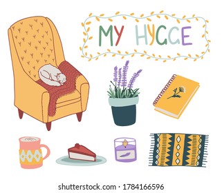 Cute vector illustration of hygge elements: lavender, notebook, candle, coffee, cactus, chocolate, cup, croissant, lights frame, plaid. Hygge lettering. Scandinavian style. Perfect for card, poster